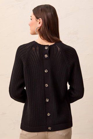 Pointelle Button-Back Long Sleeve Sweater-Black