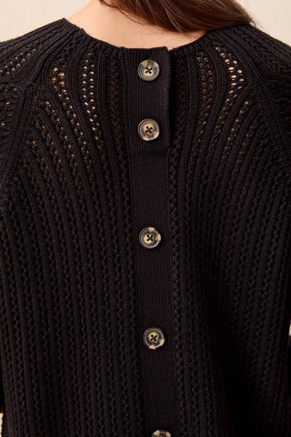 Pointelle Button-Back Long Sleeve Sweater-Black