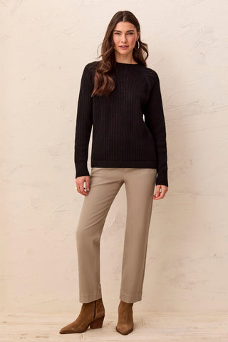 Pointelle Button-Back Long Sleeve Sweater-Black