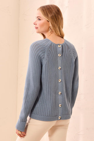 Pointelle Button-Back Long Sleeve Sweater-Blue fog