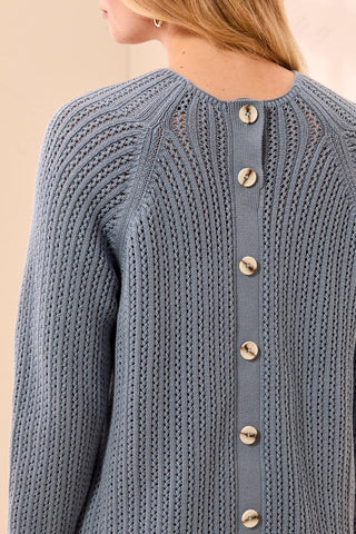 Pointelle Button-Back Long Sleeve Sweater-Blue fog
