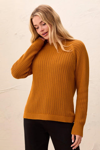 Pointelle Button-Back Long Sleeve Sweater-Bronze