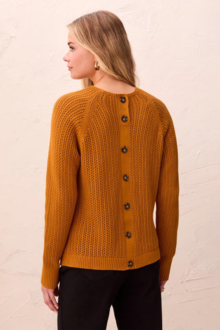 Pointelle Button-Back Long Sleeve Sweater-Bronze