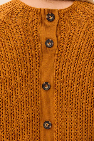 Pointelle Button-Back Long Sleeve Sweater-Bronze