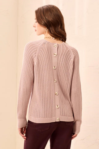 Pointelle Button-Back Long Sleeve Sweater-Violetice
