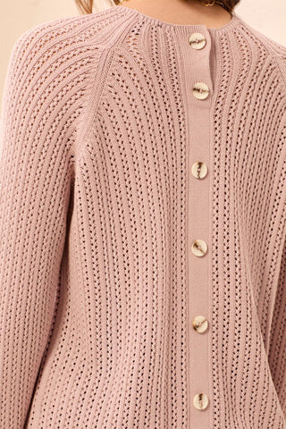 Pointelle Button-Back Long Sleeve Sweater-Violetice
