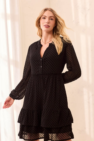Polka Dot Chiffon Split Neck Long Sleeve Tiered Dress-Black