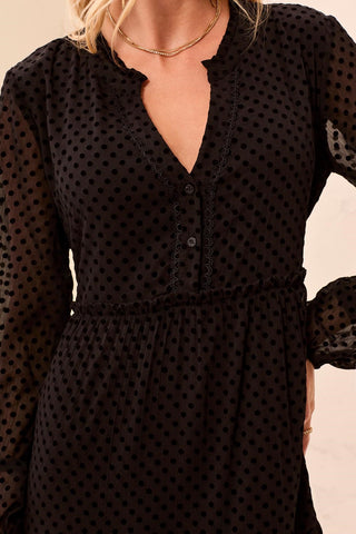 Polka Dot Chiffon Split Neck Long Sleeve Tiered Dress-Black