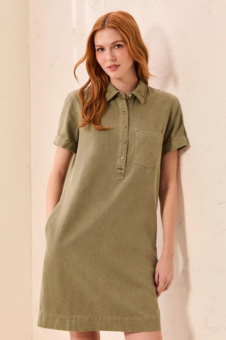 Pop Over Short Sleeve Collared Shirt Dress-Olivestone
