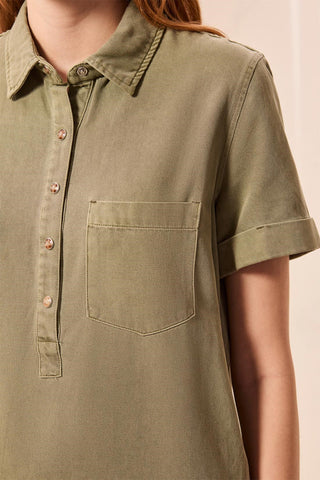Pop Over Short Sleeve Collared Shirt Dress-Olivestone