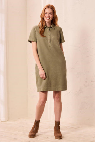 Pop Over Short Sleeve Collared Shirt Dress-Olivestone