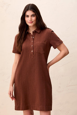 Pop Over Short Sleeve Collared Shirt Dress-Rusticbrown