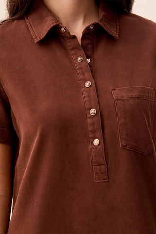 Pop Over Short Sleeve Collared Shirt Dress-Rusticbrown