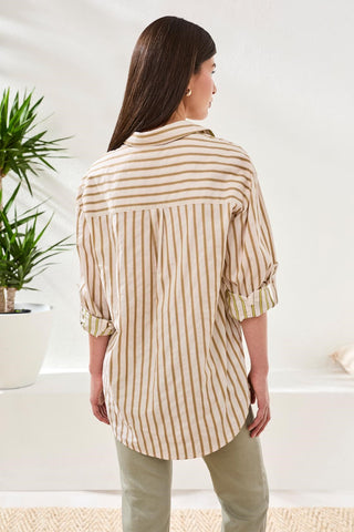 Poplin Double Stripe Roll-Up Sleeve Button-Front Shirt-Rainforest