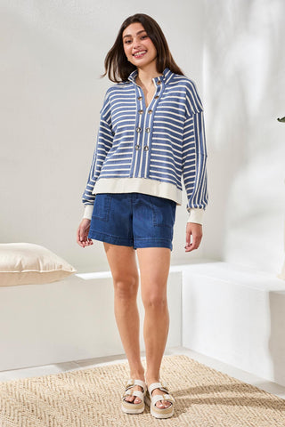 Drop-Shoulder French Terry Popover Shirt with Metal Ring Detail-Seahaven