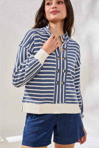 Drop-Shoulder French Terry Popover Shirt with Metal Ring Detail-Seahaven
