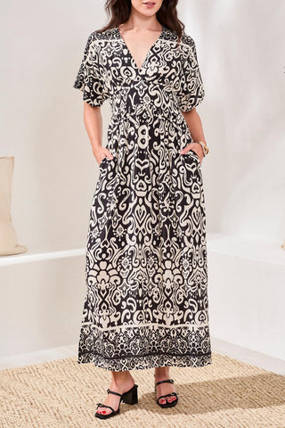 Printed Soft Challis V-Neck Empire Waist Maxi Dress-Quartz