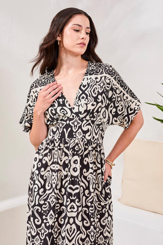 Printed Soft Challis V-Neck Empire Waist Maxi Dress-Quartz