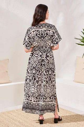 Printed Soft Challis V-Neck Empire Waist Maxi Dress-Quartz