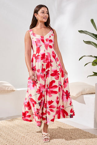 Watercolor Strappy V-Neck Fitted Body Midi Dress-Canvas