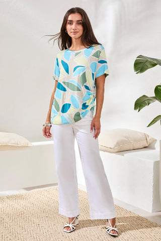 Printed Jersey Crew Neck Top With Side Ruching-Aqua sky