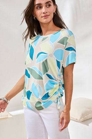 Printed Jersey Crew Neck Top With Side Ruching-Aqua sky