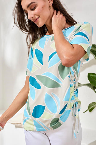 Printed Jersey Crew Neck Top With Side Ruching-Aqua sky