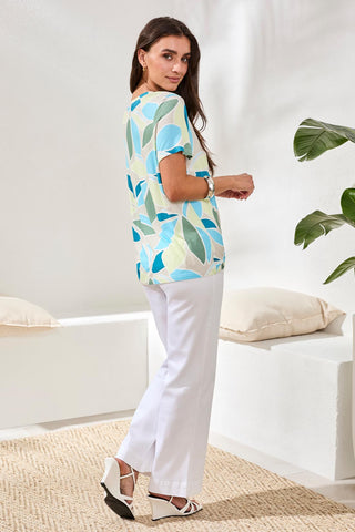 Printed Jersey Crew Neck Top With Side Ruching-Aqua sky