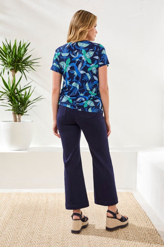 Printed Jersey Crew Neck Top With Side Ruching-Blue surf