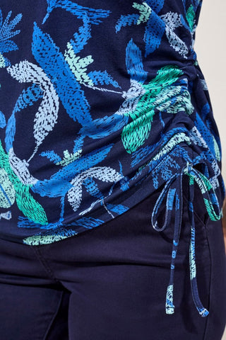 Printed Jersey Crew Neck Top With Side Ruching-Blue surf