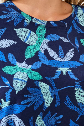 Printed Jersey Crew Neck Top With Side Ruching-Blue surf