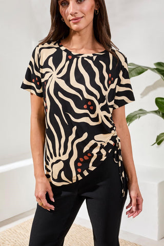 Printed Jersey Crew Neck Top With Side Ruching-Chestnut