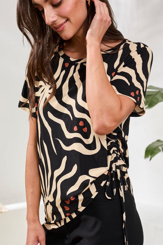 Printed Jersey Crew Neck Top With Side Ruching-Chestnut