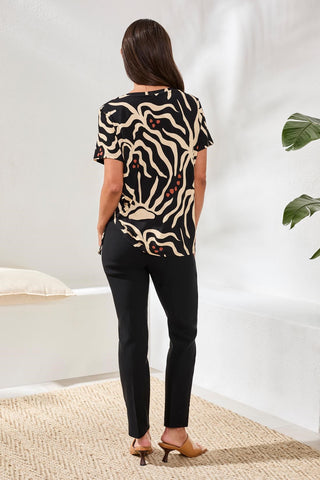Printed Jersey Crew Neck Top With Side Ruching-Chestnut