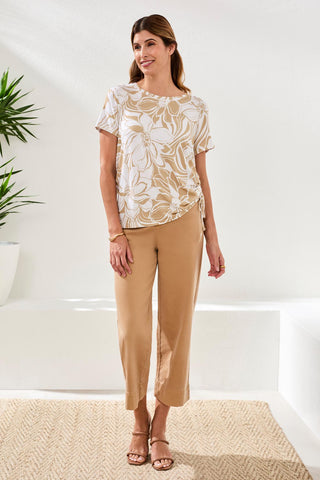 Printed Jersey Crew Neck Top With Side Ruching-Desert