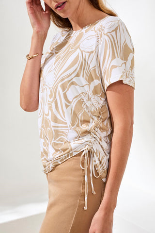 Printed Jersey Crew Neck Top With Side Ruching-Desert