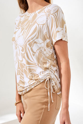 Printed Jersey Crew Neck Top With Side Ruching-Desert