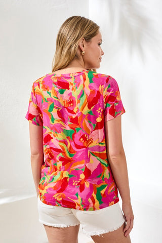 Printed Jersey Crew Neck Top With Side Ruching-Pinkglow