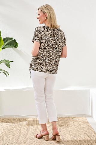 Printed Jersey Crew Neck Top With Side Ruching-Sesame