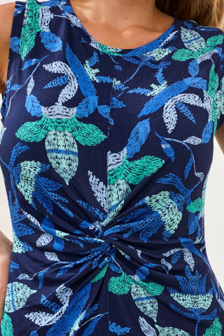 Printed Sleeveless Jersey V‑Neck Front‑Knot Dress-Bluesurf