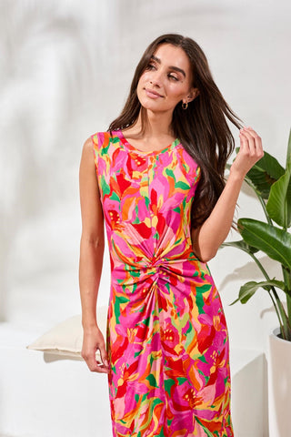 Printed Sleeveless Jersey V‑Neck Front‑Knot Dress-Pinkglow
