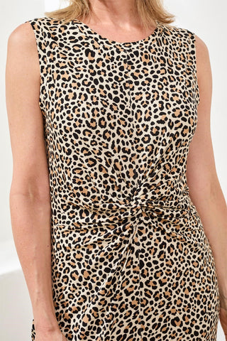 Printed Sleeveless Jersey V‑Neck Front‑Knot Dress-Sesame