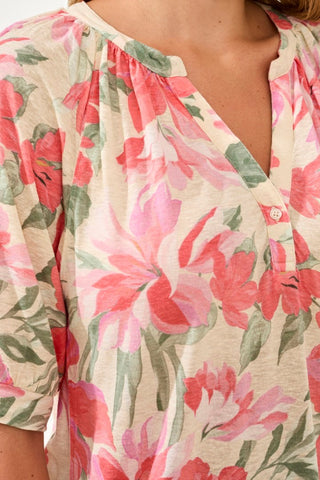 Printed Linen Elbow Sleeve Henley-Canvas