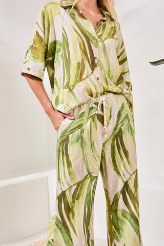 Flowy Linen Flare Pants With Drawcord Waist-Mintleaf