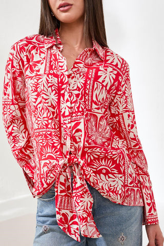 Blouse En Challis Gaufré Imprimé Avec Noeud Devant-Sangria