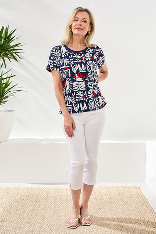 Printed Slub Knit Crew Neck Top-Jet blue