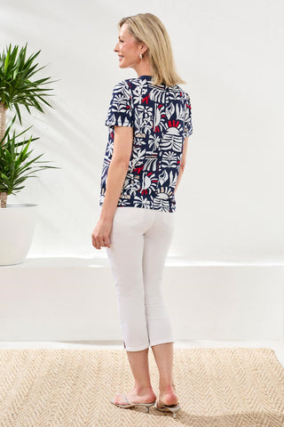 Printed Slub Knit Crew Neck Top-Jet blue