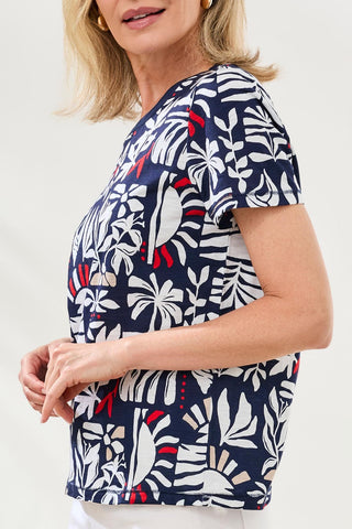 Printed Slub Knit Crew Neck Top-Jet blue