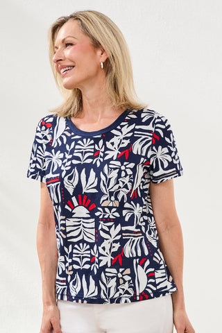Printed Slub Knit Crew Neck Top-Jet blue