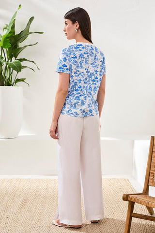 Printed Slub Knit Crew Neck Top-Royal